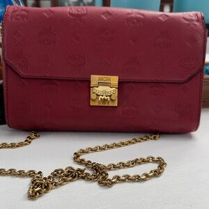 MCM Burgundy Leather Crossbody Bag with Gold colored Chain